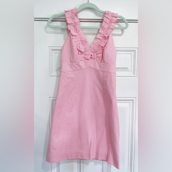 Lilly Pulitzer Womens Phoebe Ruffle Neckline Pink Stripe Sheath Dress Size 00 - Picture 2 of 4